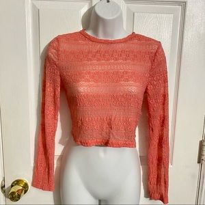 Coral Stretch Floral Lace Long Sleeve Crop Top-S